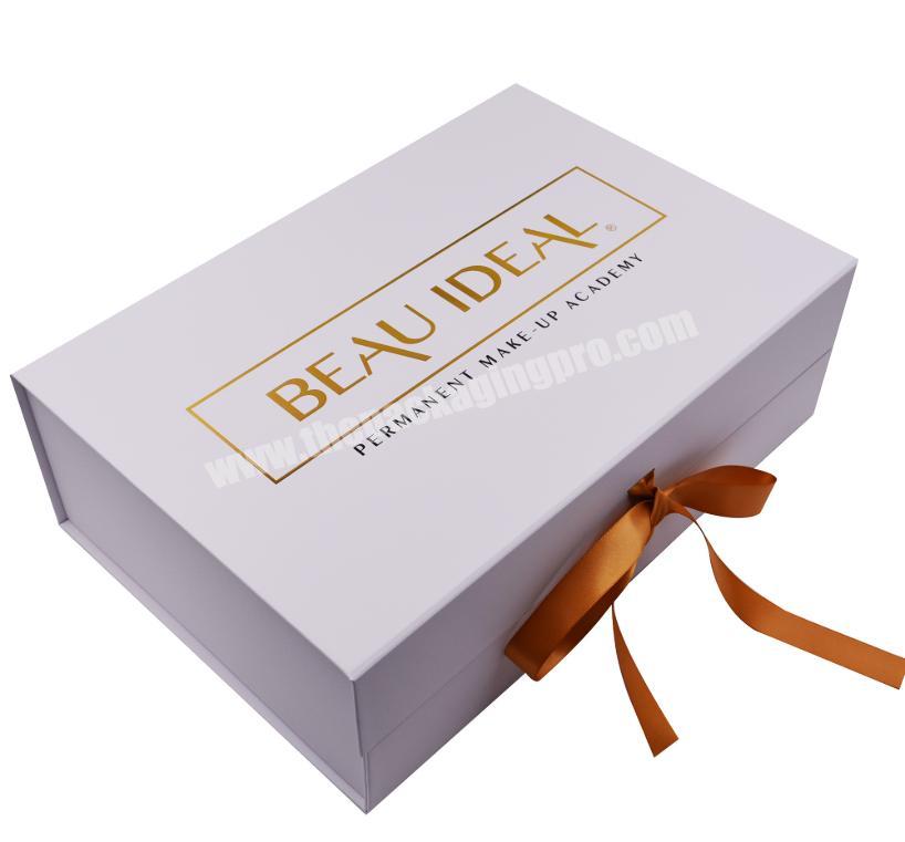 Luxury Clothing Foldable Cardboard Gift Box with Ribbon Closure Skincare Magnetic Gift Box White Packaging for Handbag Hair