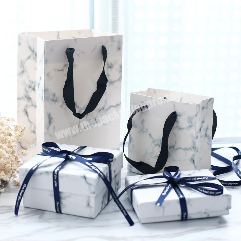 Luxury White Black Wedding Jewelry rings rigid Paper cardboard Marble Gift packaging Box with lid ribbon bowknot and bag custom