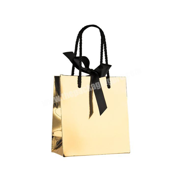 Luxury gold foil small pouch customized packaging paper bags for jewelry gift black ribbon