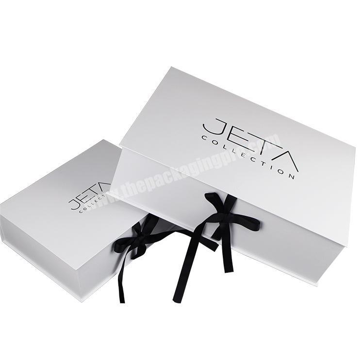 Luxury gold stamping print white rigid foldable cardboard cloth packaging magnetic gift packaging paper box with silk ribbon