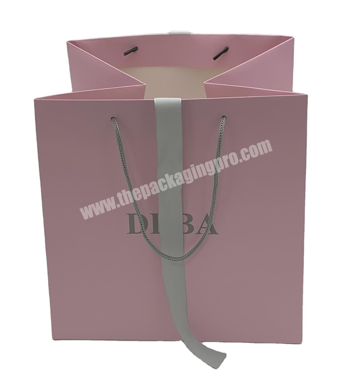 Luxury pink paper custom fancy paper shopping bag with ribbon handle