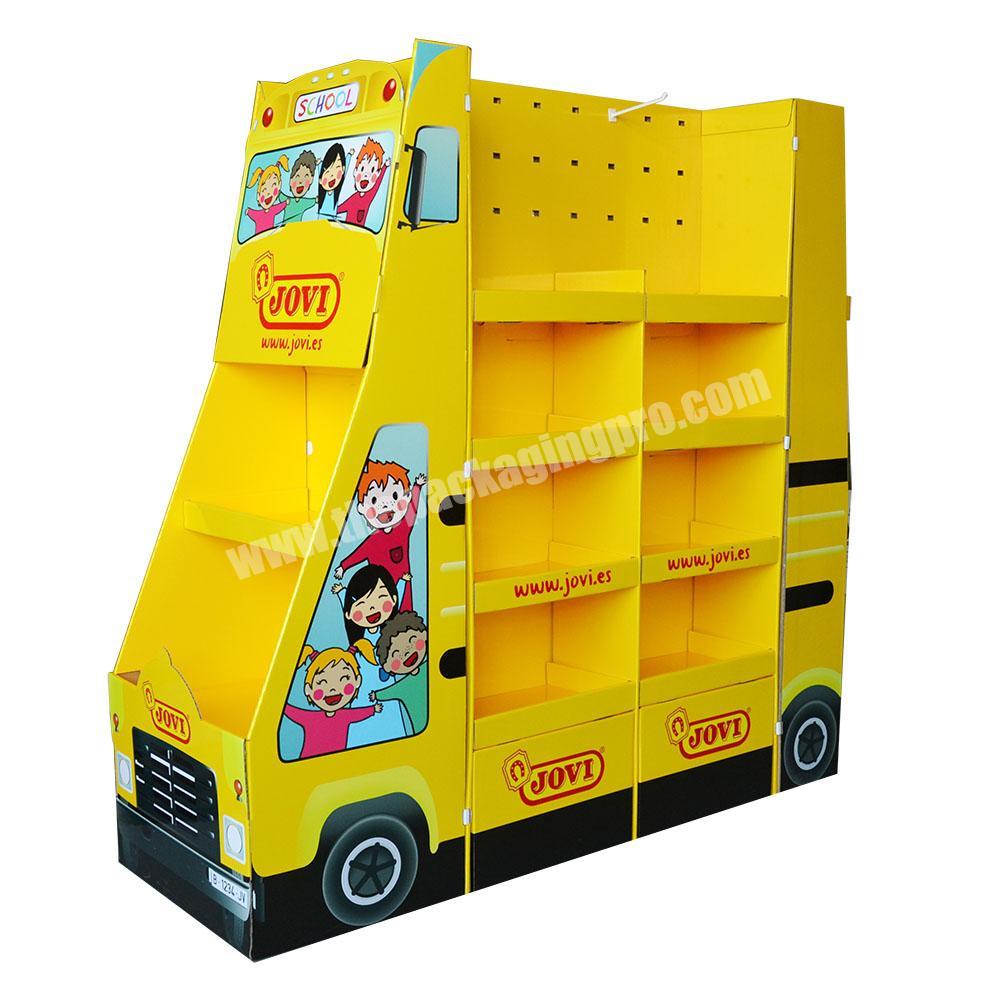 New design custom attractive yellow car model high strength corrugated paper floor display stand for toys promotion