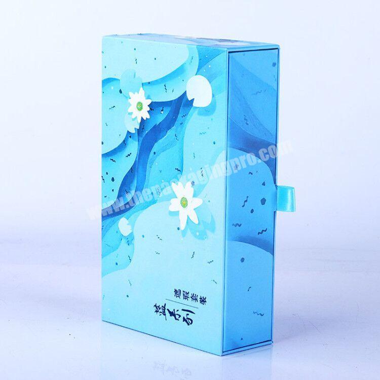 New design fashion luxury bio degradable blue cosmetics concealer products set drawer gift box paper packaging