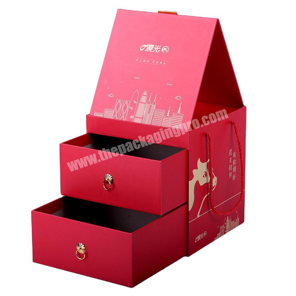 New style luxury red two layer drawer stationery set storage box cardboard sliding out gift packaging boxes custom