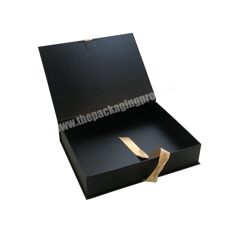 Promotional Advertising Package Boxes Gold Foil Matt Printed Black Magnetic Gift Box With Ribbon For Good Project
