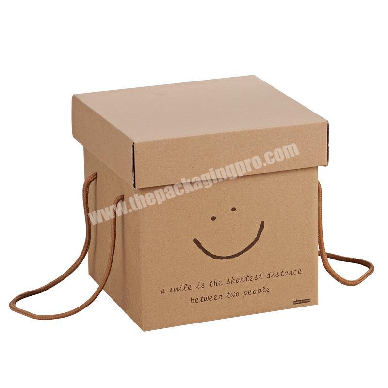 Square custom 2 piece Rigid kraft brown Cardboard paper Flower Gift storage separate lid set up Box packaging with rope Handle