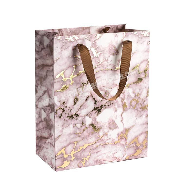 Whoelsale custom logo marble design foil stamped present paper craft gift bags with durable ribbon handles