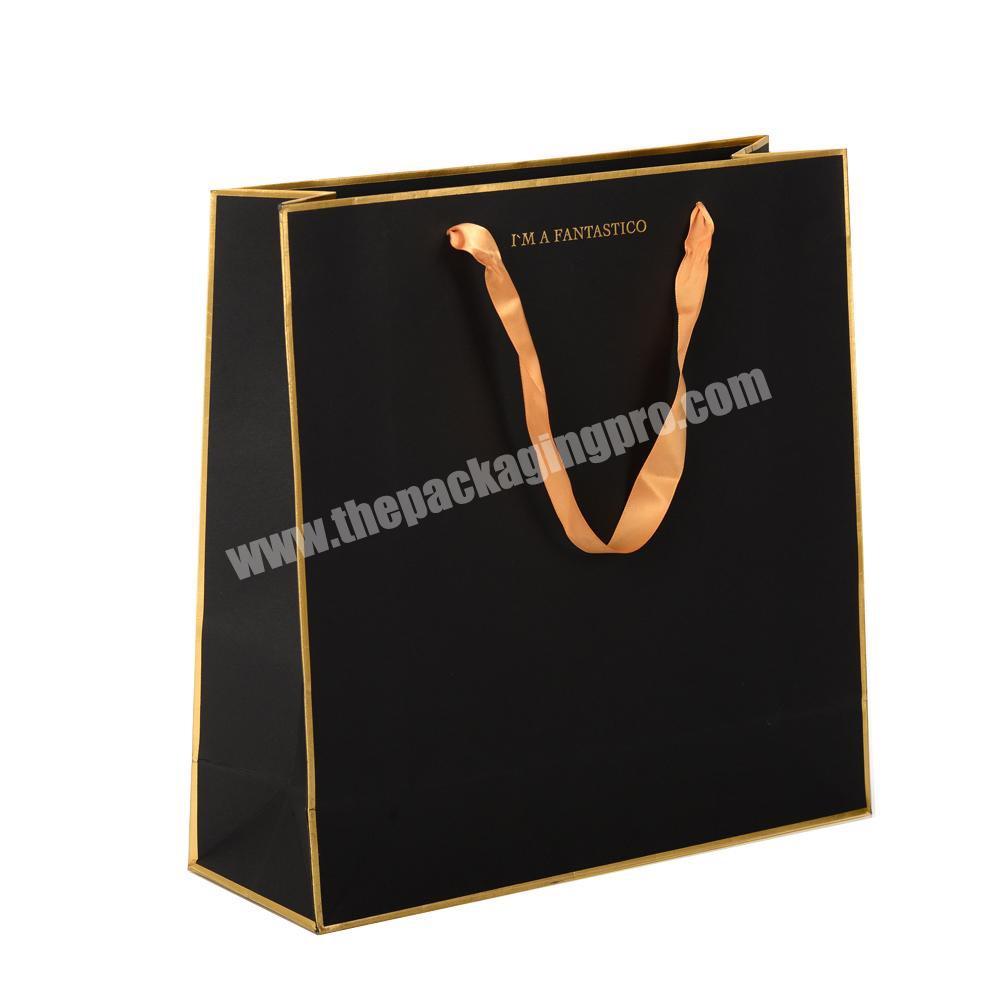 Wholesale Custom Printed Your Own Logo Black Shopping Packaging Bag With Ribbon Handles