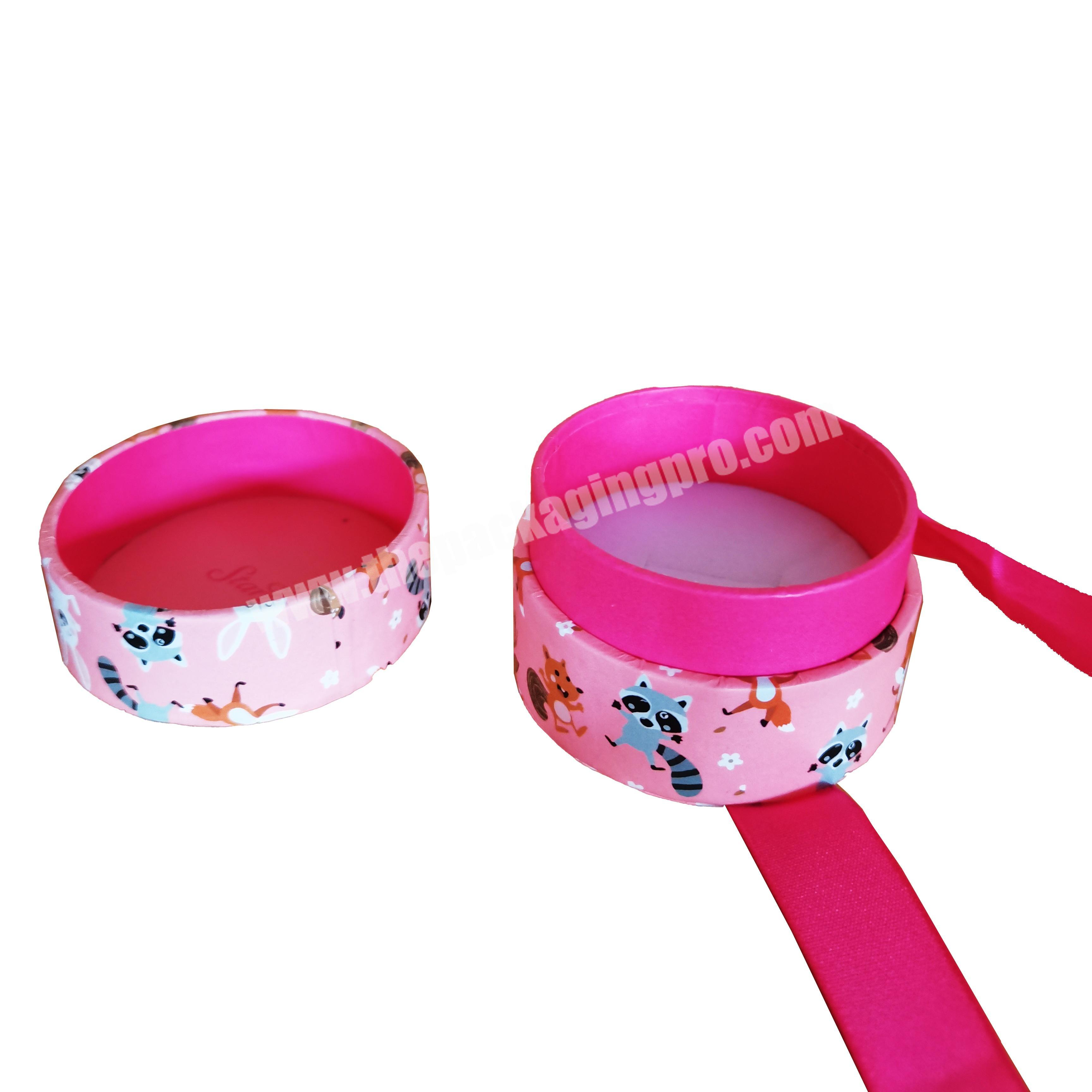 animal dog and cat pink printing cute jewelry packaging round box with pink ribbon