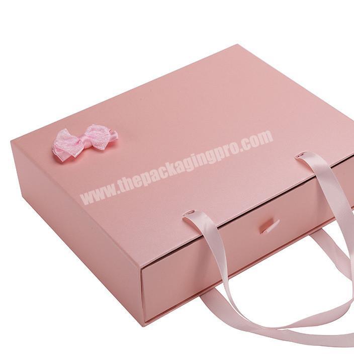 custom fancy pink rigid drawer paper box with ribbon handle