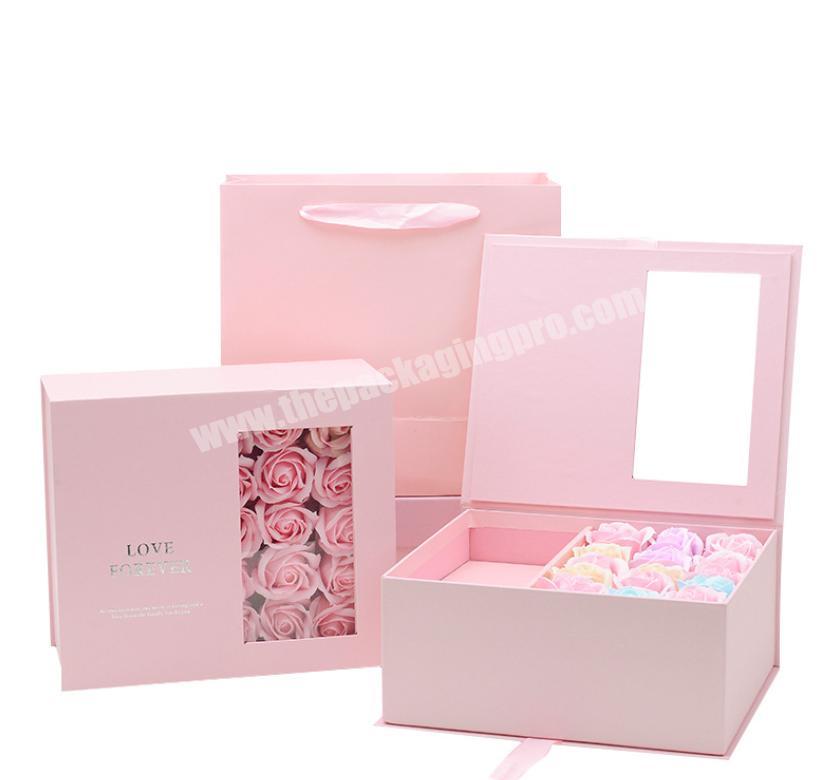 wholesale luxury gift packaging cardboard box and bag with ribbon clear window and lid