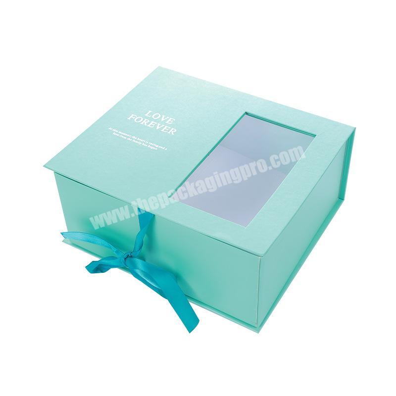 Custom Blue Clamshell Hard Valentine's Day Female Mirror Flower Gift Box With An Open Window