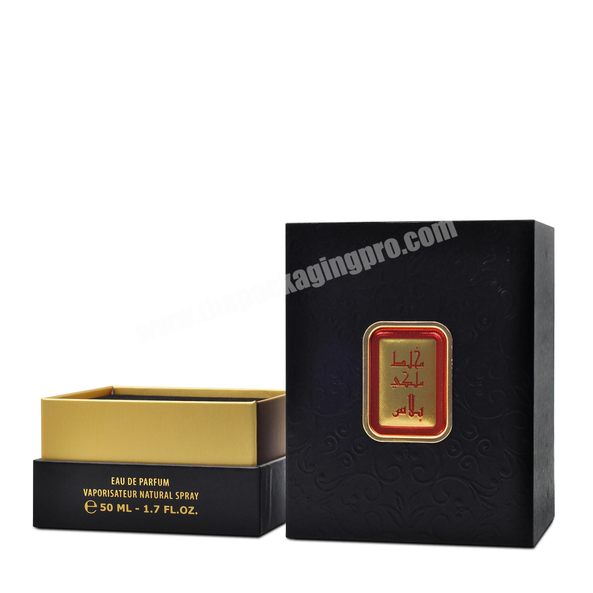 Custom Luxury Embroidery Words Box Dropper Bottle Box Black Golden Perfume Packing Box Beauty Packaging Art Paper Customized