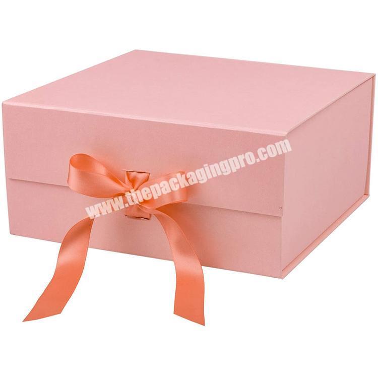 Custom Printed Luxury Pink Folded Sturdy Storage Wedding Gift Box With Ribbon and Magnet