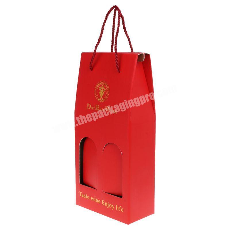 Custom corrugated red brown double wine packaging gift boxes with handle
