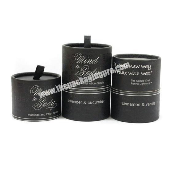 Custom luxury full color printed hard cardboard candle packaging paper tube box with ribbon puller