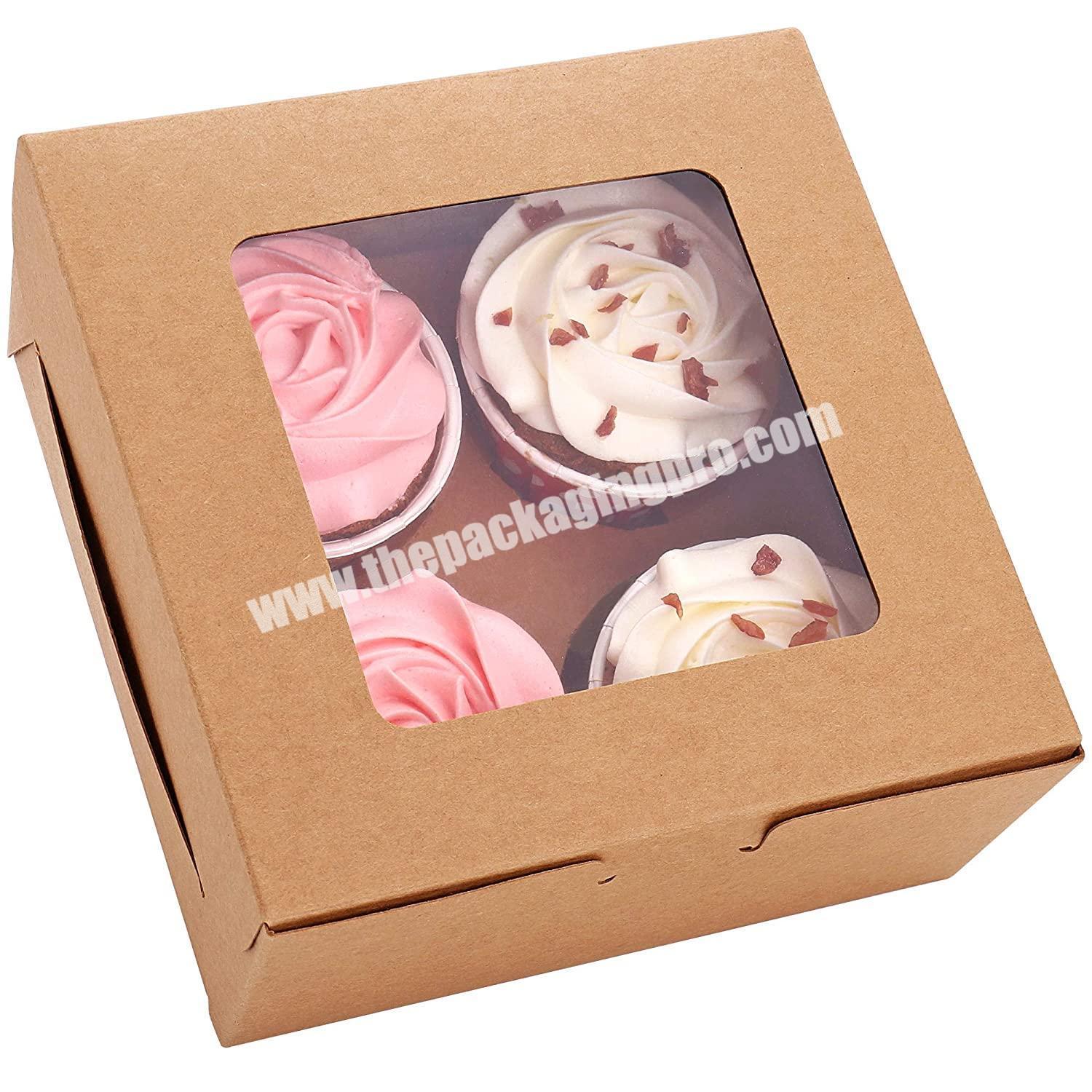 Disposable Eco-friendly Transparent Window Food Grade Kraft 4 Holes Cupcake Boxes