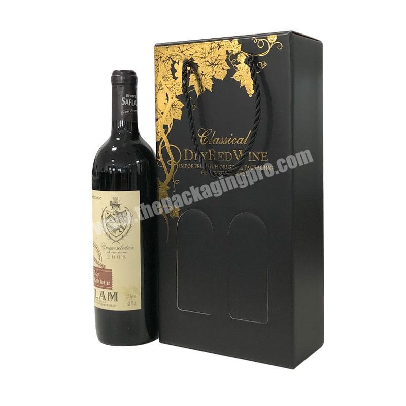 Wholesale Elegant luxury whisky champagne hot stamping rigid cardboard black 2 bottles red wine glass packing boxes