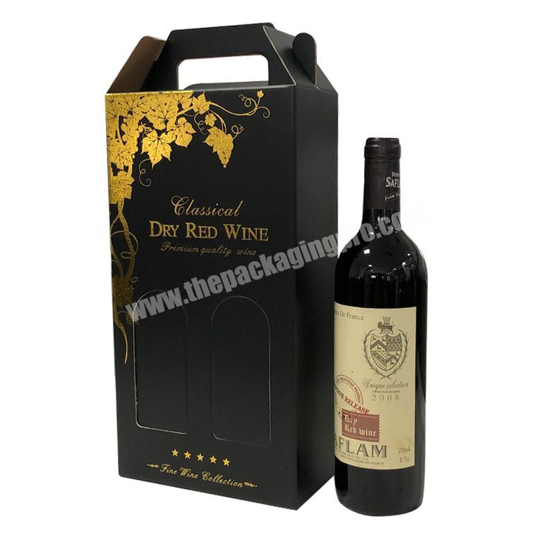 Custom Elegant luxury whisky champagne hot stamping rigid cardboard black 2 bottles red wine glass packing boxes
