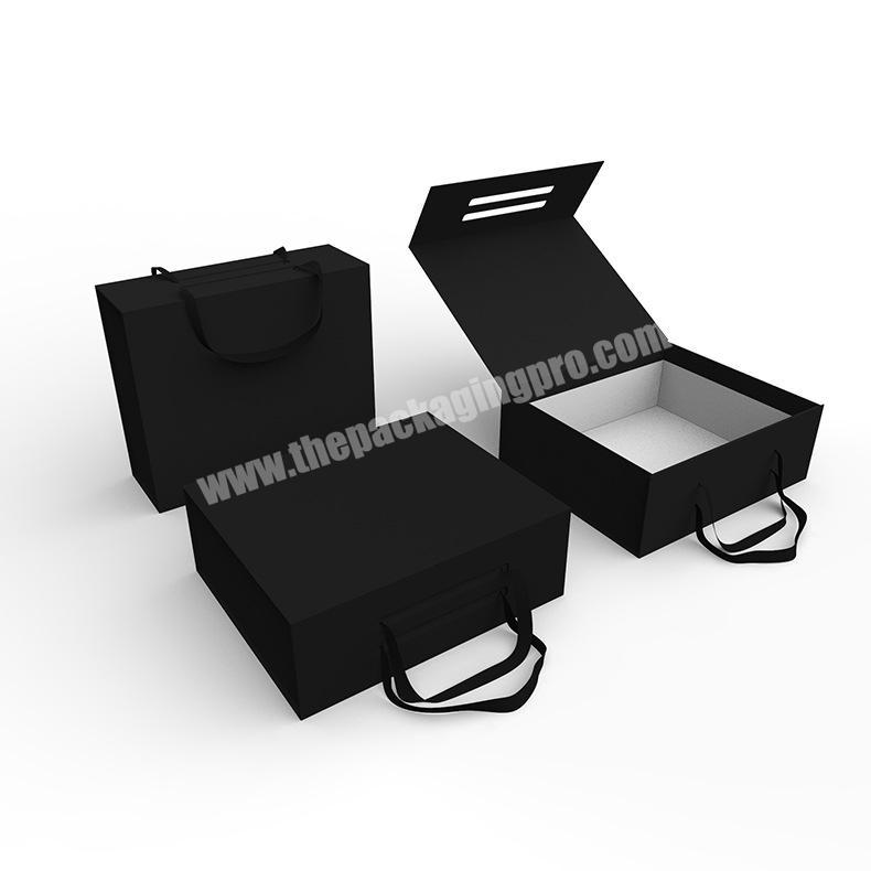 Fancy Luxury Black Custom Magnetic Lid Storage Cardboard Packaging Paper Flap Gift Clothes Box with Ribbon