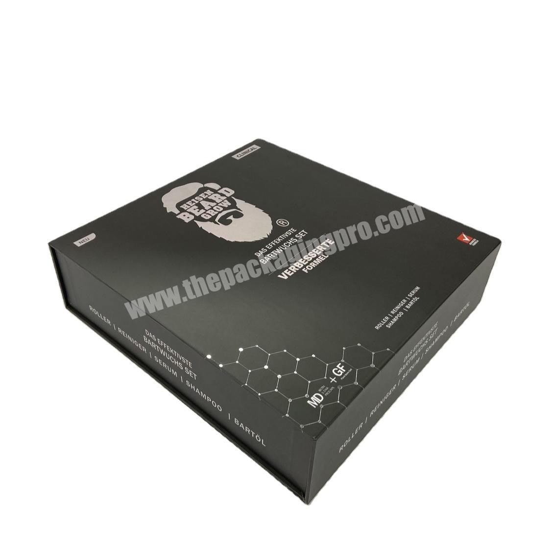 Hot sale fancy  sliver stamping logo black rigid magnetic closure packaging gift boxes with velvet foam inserts