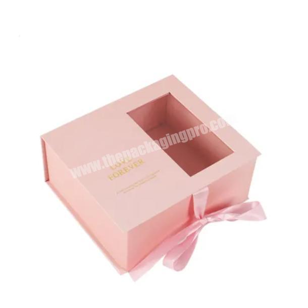 Luxury Rigid Cardboard Paper Packaging Box With Bow Ribbon For Flowers Paperboard Gift Box With Transparent Window