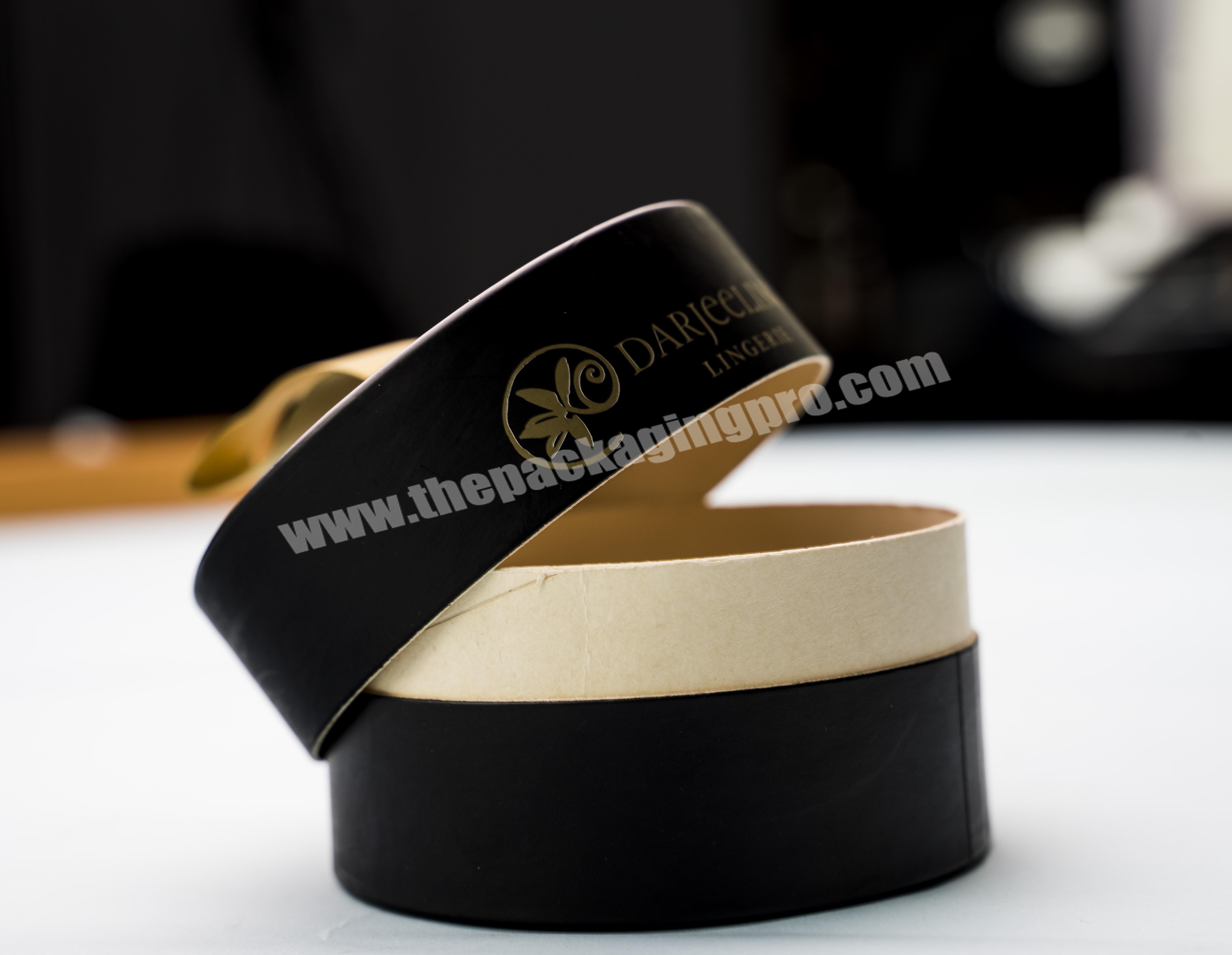 Quality black luxury cosmetic round cylinder paper cardboard hermetic packaging tube lid customize with yellow ribbon