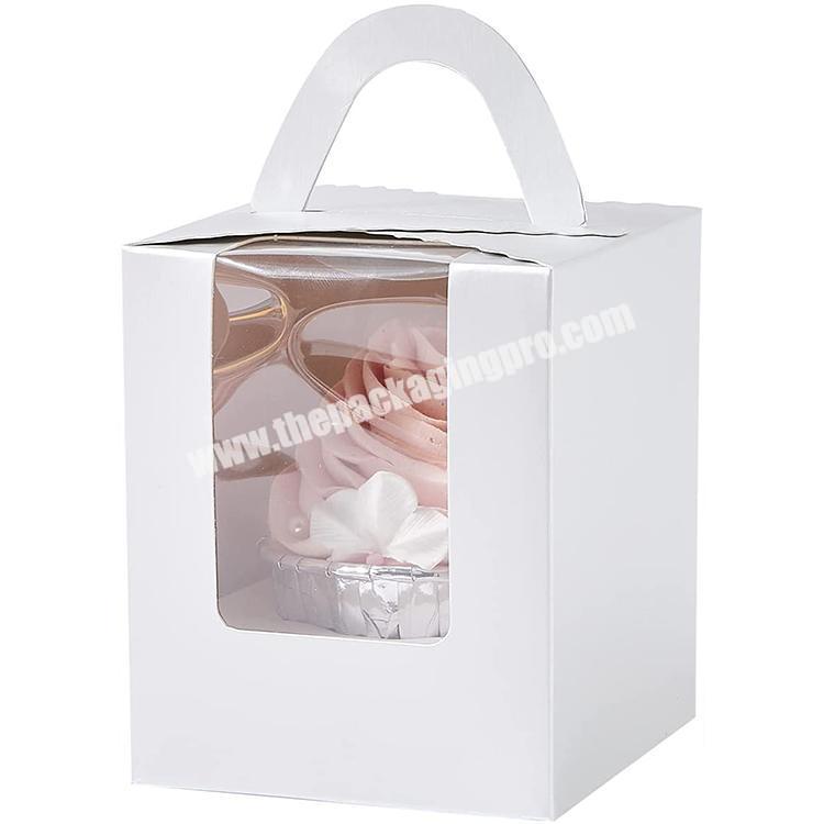 Recyclable White Cardboard Clear Window Individual Small Dessert Cupcake Paper Box With Handle