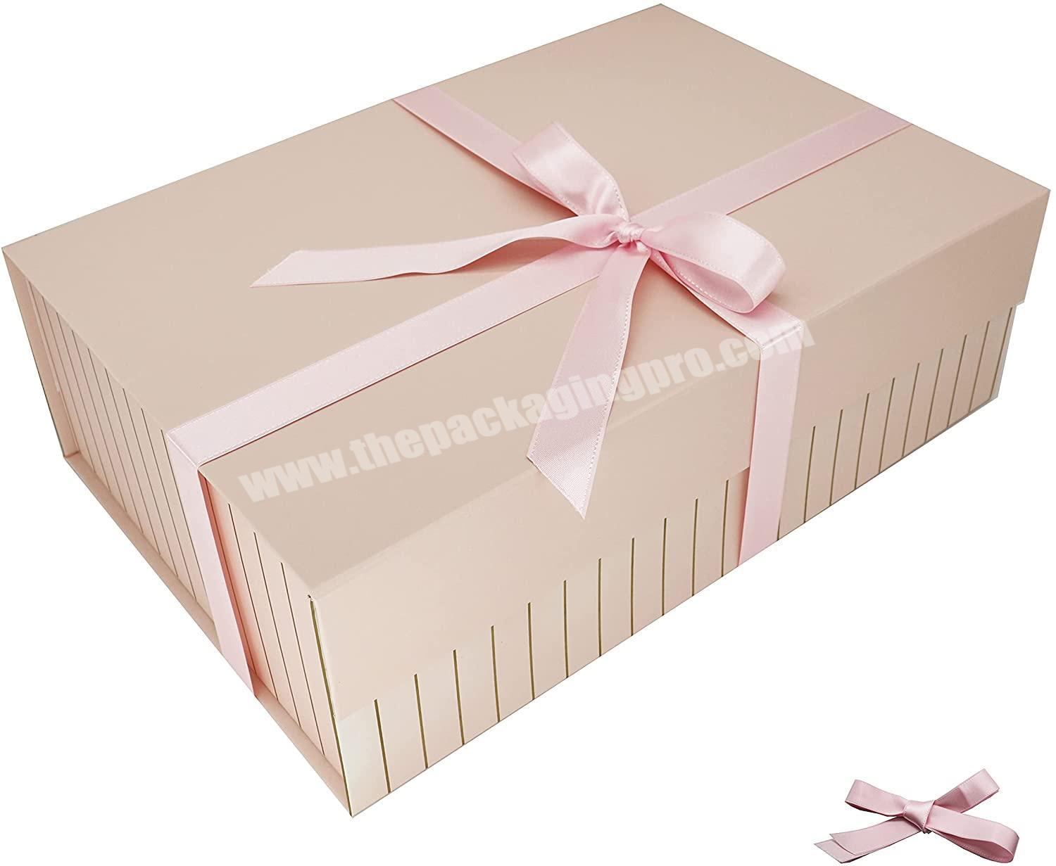 Three Colour Collapsible 14x9.5x4.5 inch Long Ribbon Simple Style Magnetic Closure Gift Box