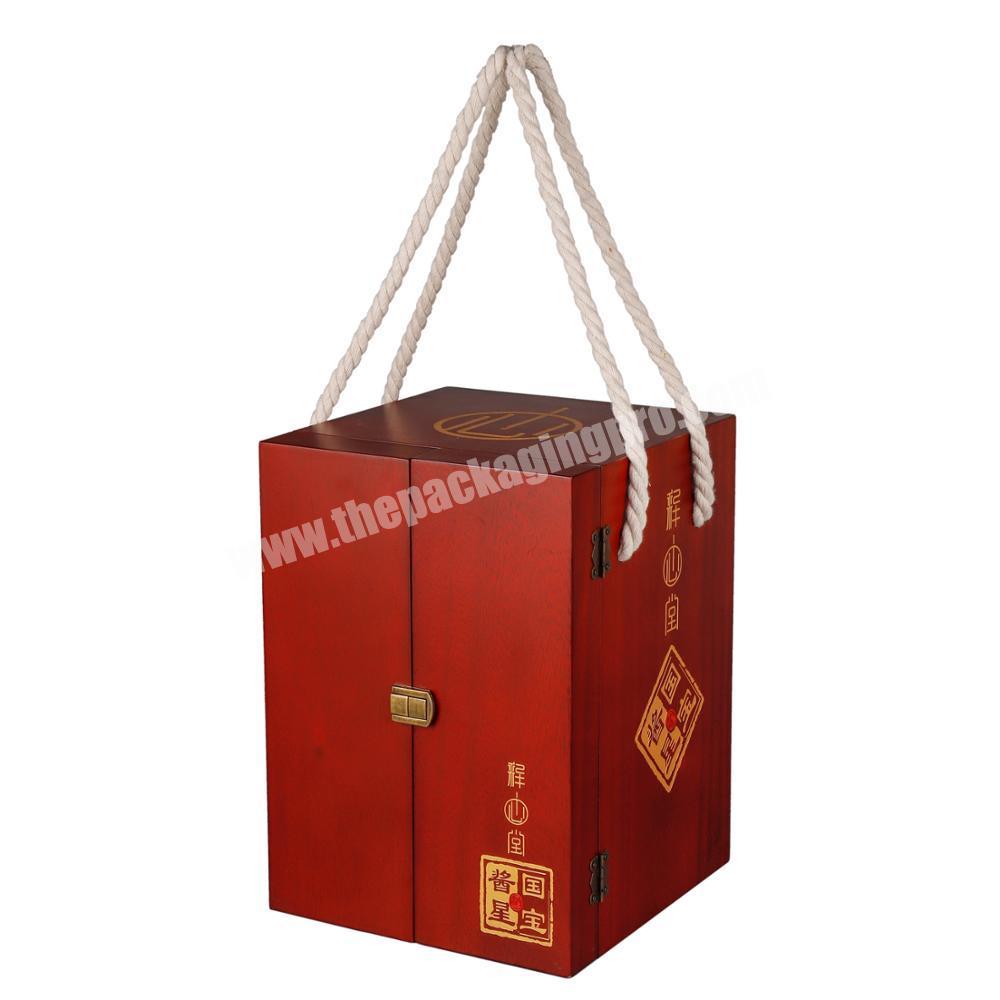 Custom Luxury Red Large Single Bottle Packaging Wooden Wine Box With Rope Handle