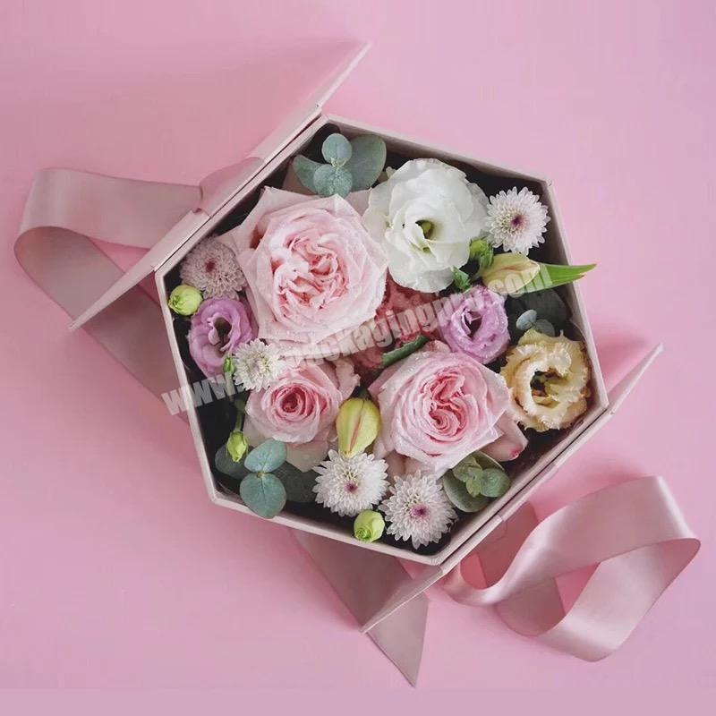 Paper Flower Box Luxury Hexagon Packaging Box with Silk Ribbon