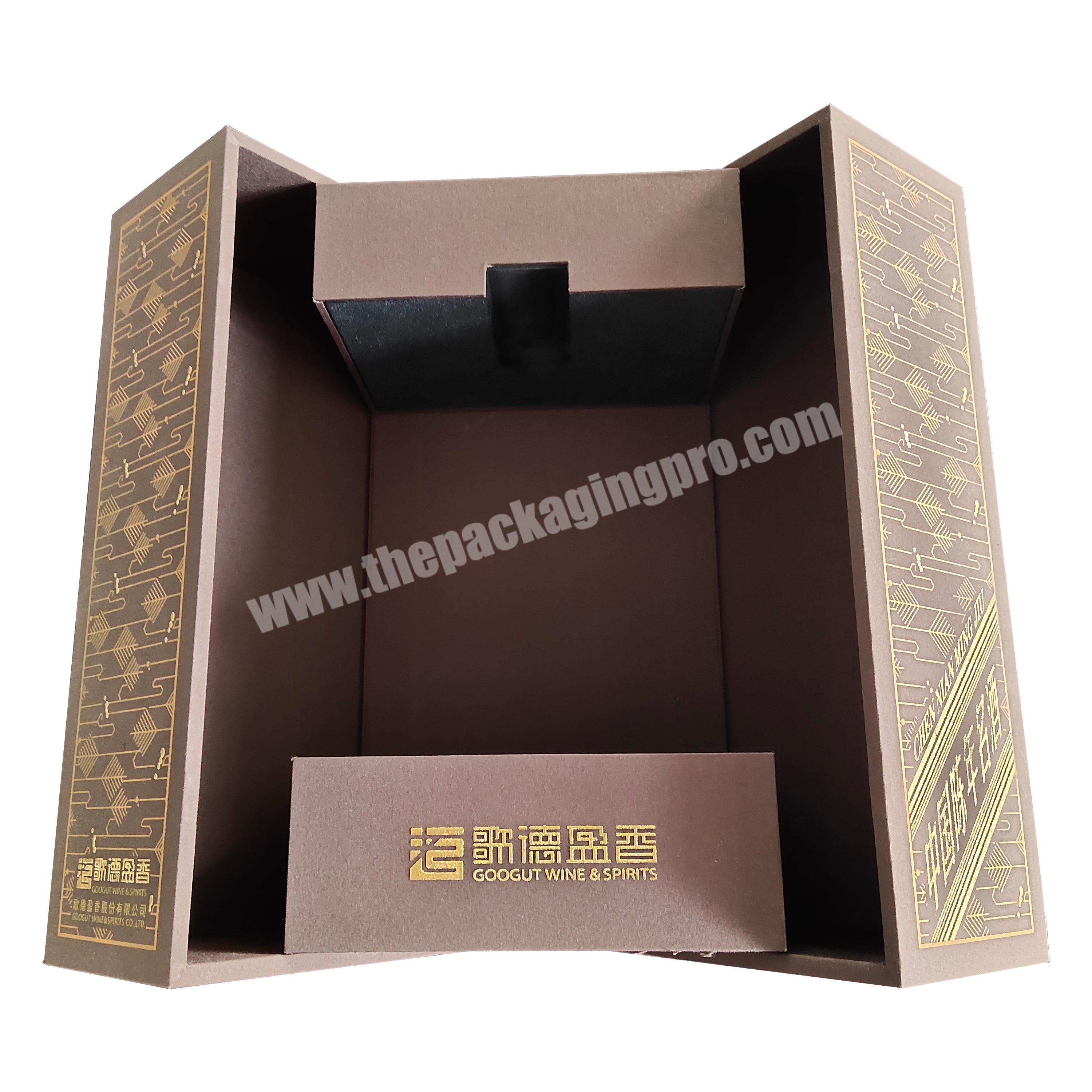 custom china luxury brown boxes cloth and cardboard double door for martell wine bottle packaging