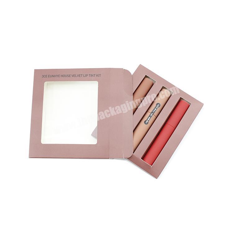 3PCS custom small window cosmetic set packaging box for lip gloss lipstick tube packaging
