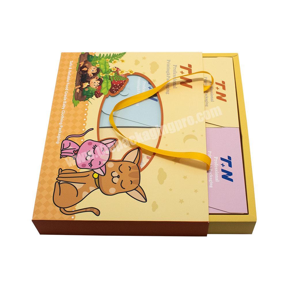 Cartoon Customized Logo eco-friendly Folding Sliding Drawer Children Clothing Packaging box with Carrying Bag