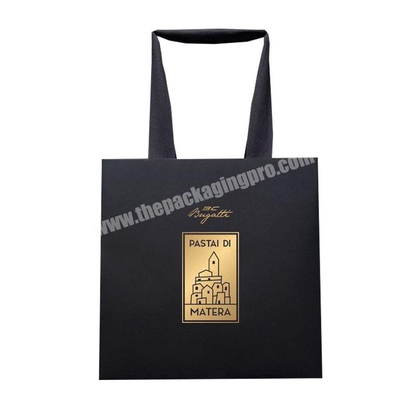 Cheap black luxury r Gold foil logo paper shopping bag ribbon handles  for clothes