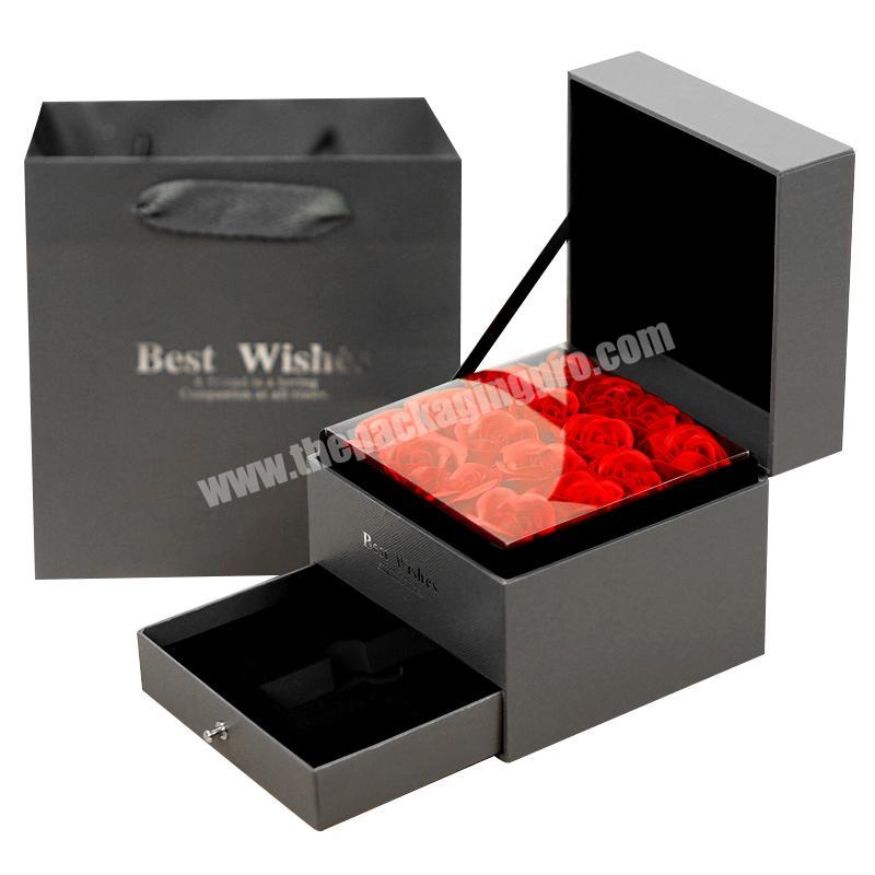 Custom Luxury Premium Square Double Layer Gifts Packaging Rose With Drawer flowerbox cardboard Jewelry Boxes for gift sets