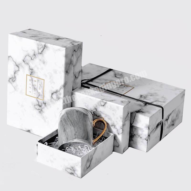 Custom Luxury Ribbon Rectangle Marble Print Paper Box Gifts Packaging Paper Boxes Carton for Flowers Coffee Mug Perfume Storage