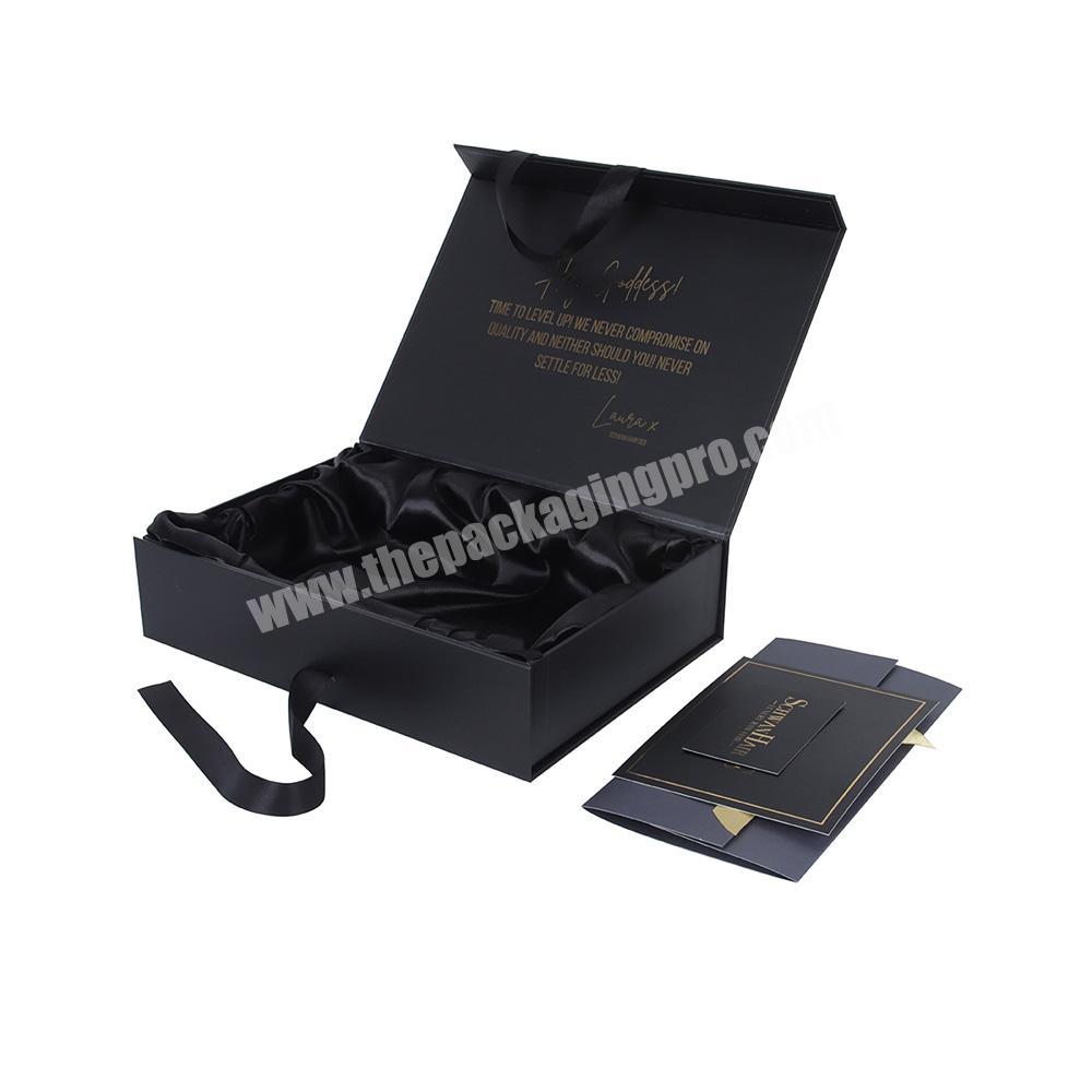 Custom Matte Black Satin Gift Paper Box For Wig and Hair Packing Set With Logo And Flier
