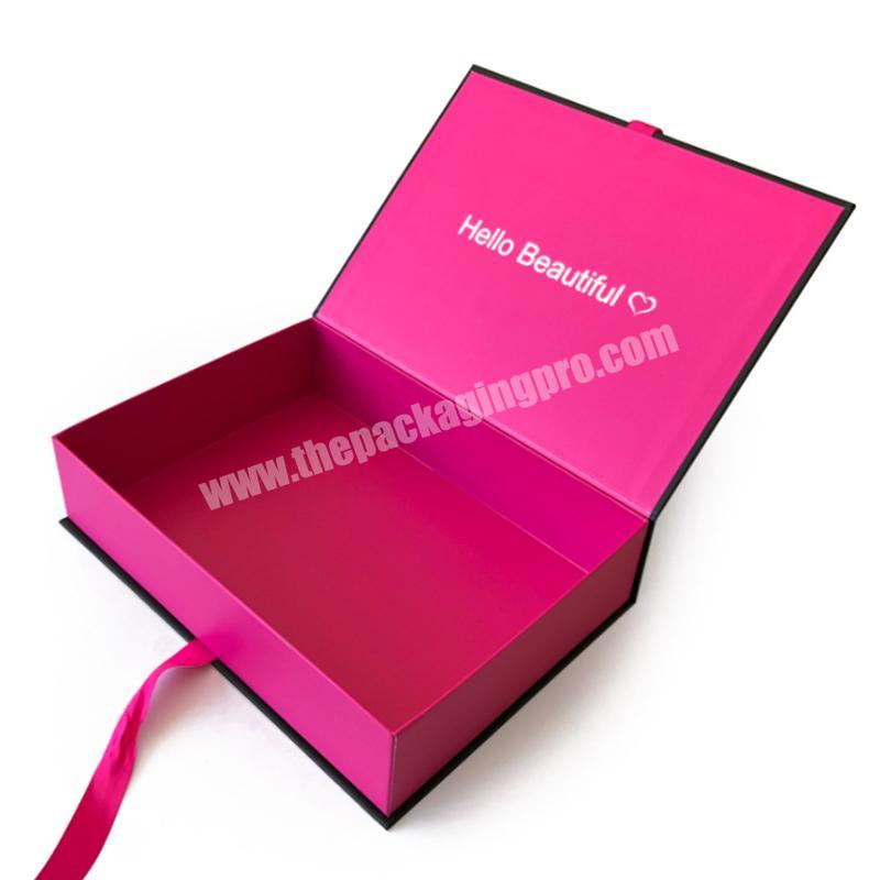 Custom Pink Luxury Magnetic Cardboard Gift Boxes Elegant Beauty Packaging Cosmetic Box Wig Box With Ribbon