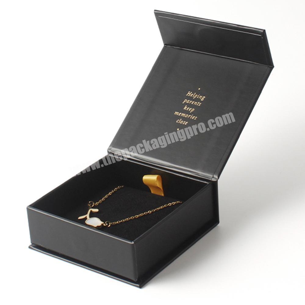 Custom Small Box Black Jewelry Exquisite Necklace Sponge Pad Hot Gold Stamping Book Shape Packaging Gift Paper Box