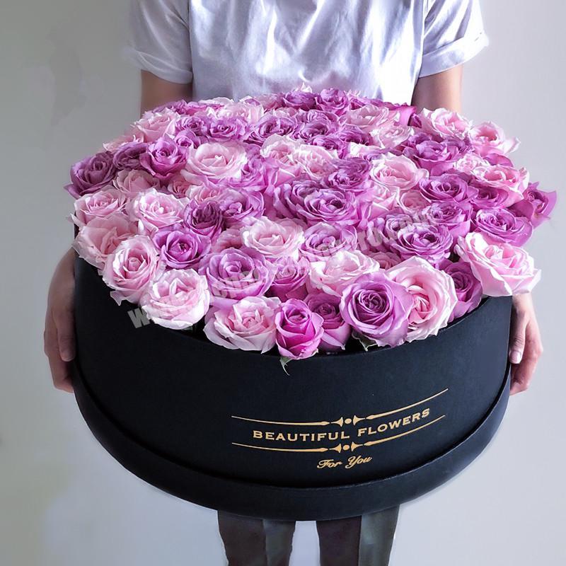Custom large extra big size gold logo matt cardboard paper roses floral packaging black round flower hat box with lid