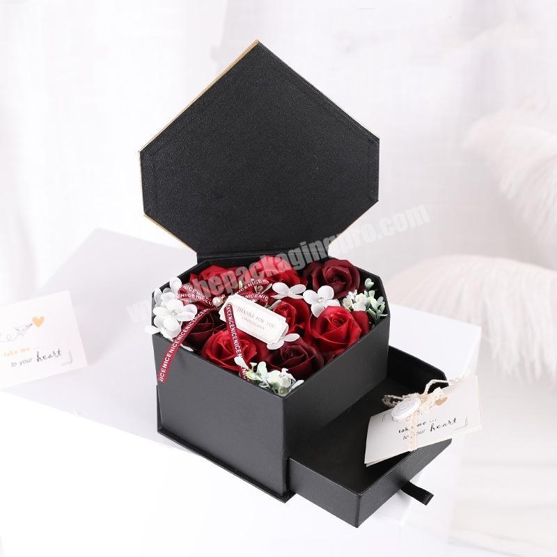 Custom logo black diamond shaped jewelry chocolate gift packaging paper cardboard rose heart shape flower box with drawer luxury