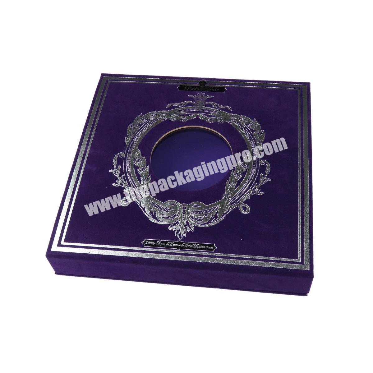 Custom logo purple flocking velvet rigid paper gift boxes for wigs hair packaging with window