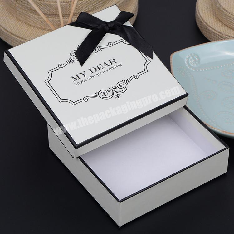 Custom logo white square matt paper cardboard gift box with ribbon packaging for cosmetic, rose, scarf, clothes, soap