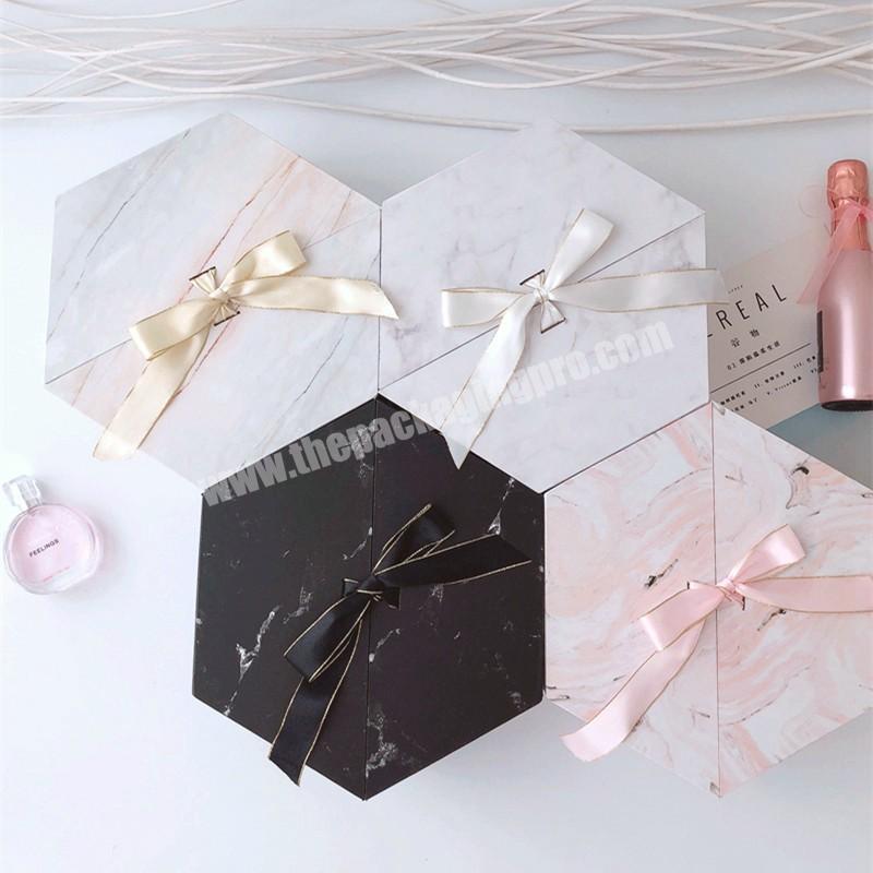 Custom luxury white pink black marble print paper cardboard hexagon gift box packaging with ribbon for wedding wholesale