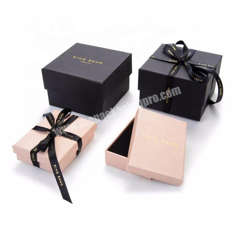 Custom small black 2 pieces rigid earring ring necklace bracelet ring jewelry box rigid paper box gift box jewelry with ribbon