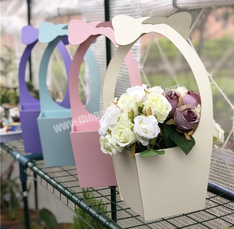Custom trapezoidal shape foldable hanging florist bouquet portable paper basket fresh rose packaging flower box with handle