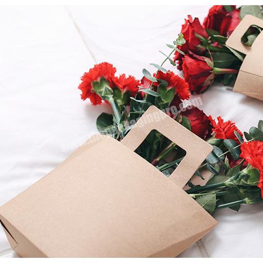 Eco Friendly Biodegradable Brown Kraft Foldable Rose Bouquet Packaging Portable Lovely Lady Gift Bag Paper Flower Carrier