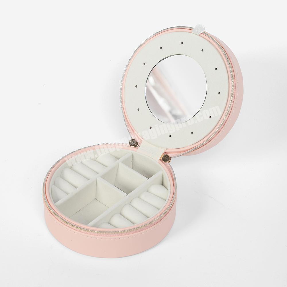 Factory Professional Luxury Pink Small Box PU Leather Mirror Custom Portable Zipper Cosmetic Box