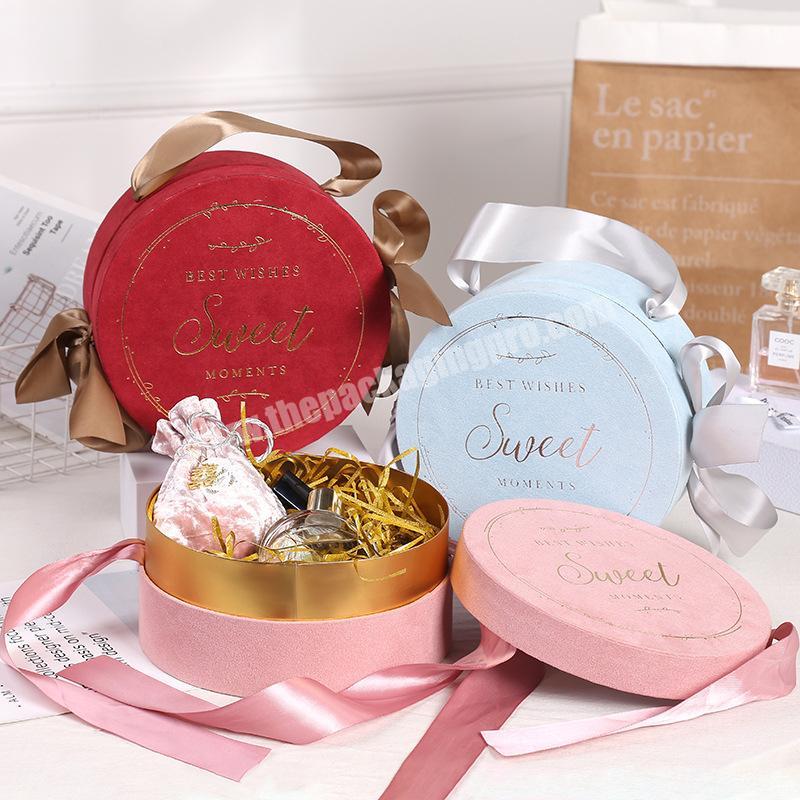 Factory wholesale handle pink round velvet valentines day bote wedding bridesmaid gift box
